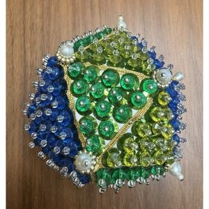Beaded Sequin Push Pin 3" Christmas Ornament 70s MCM Handmade Green Blue ~ Read